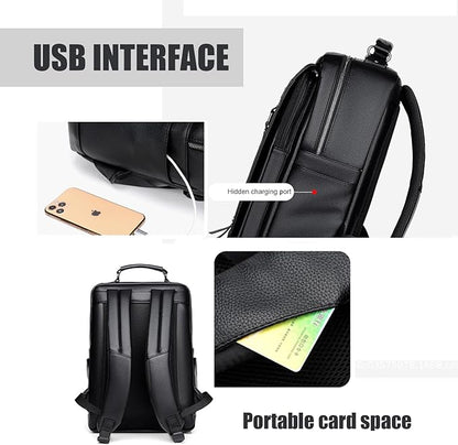 CHAO RAN Laptop Backpack for Men Leather Travel Backpack Carry on Flight Approved-Waterproof Medium Backpack Fit 15.6 Inch Notebook for College Business Office Bag with USB Charging Port