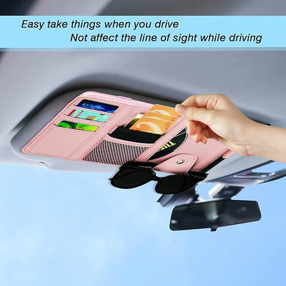 Car Sun Visor Organizer, Leather Pocket Organizer Sunglass Holder for Car Interior Accessories with Multi-Pocket Net Zipper, Pink