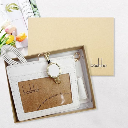 Office Badge Holder - Boshiho Genuine Leather Credit ID Card Holder with Stretch Neck Lanyard and Pen Clip, Gift Box (Horizontal-White)