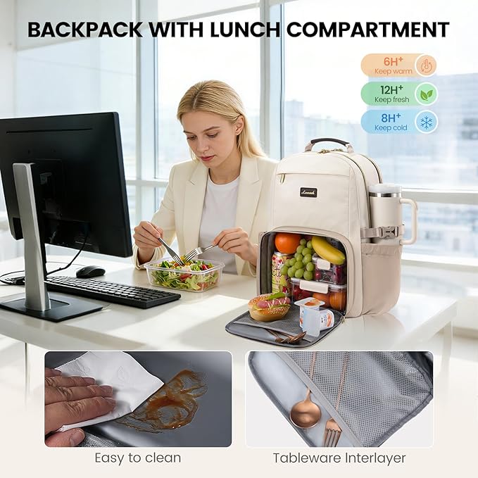 LOVEVOOK Lunch Backpack with Lunch Compartment,17 Inch Laptop Work Travel Insulated Cooler Backpack, Waterproof College Teacher Lunch Bag with Tumbler Holder,Gifts for Men Women,Beige-Nude-Logam plum