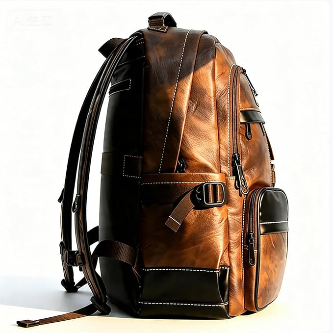 CHAO RAN Men Leather Backpack Waterproof Laptop Backpack Travel Business College Work Bag Fits Up To 17 Inch Laptop Brown