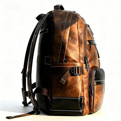CHAO RAN Men Leather Backpack Waterproof Laptop Backpack Travel Business College Work Bag Fits Up To 17 Inch Laptop Brown