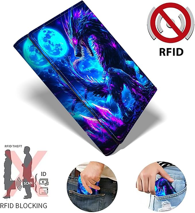 Minimalist Wallet for Men's Card Holders, Pop-Up Card Case Durable Wallets for Women, Leather Automatic Credit Card Holder with Metal Money Clip RFID Blocking Bifold Pocket, Blue Moon Dragon