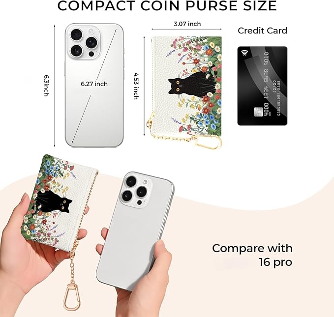 Black Cat Flower Floral Keychain Coin Purse for Women, Small PU Leather Change Pouch, Zipper Little Tiny Travel Wallet for Girls, Cute Kawaii Zip Pocket Coin Holder with Key Ring