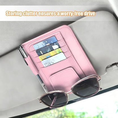 Car Sun Visor Organizer, PU Leather Vehicle Visor Document Storage Pocket for Sunglass Card Pen, Multifunctional Automotive Interior Holder Accessories, Universal Fit (Pink)