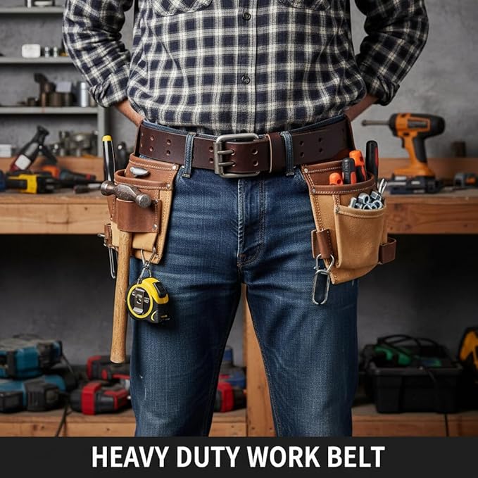 F&L CLASSIC Leather Work Belt, Heavy Duty Double Prong full grain Leather Belts for Men 1 1/2", Mens Casual Belts for Jeans
