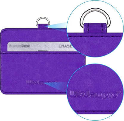 Wisdompro 2-Sided PU Leather ID Badge Holder with 1 ID Window and 1 Card Slot and 1 piece 23 Inch Adjustable Polyester Detachable Neck Lanyard Strap (Holds 3 to 4 Cards) - Purple (Horizontal)