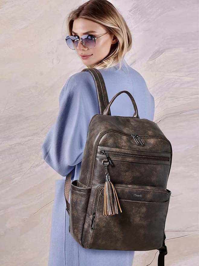 Laptop Backpack for Women,Leather Backpack with 15.6 inch Laptop Compartment,Large Capacity Computer Backpacks Purse,Carry-on Travel Backpacks,Casual Daypack for Work Business College,Coffee