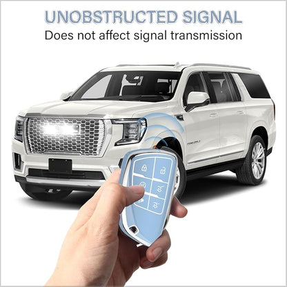 QBUC for Chevy Key Fob Cover with Keychain Soft TPU Protection Case Compatible with 2021-2026 Chevy Tahoe Suburban GMC Yukon Denali Silverado 6-Buttons(Chrome Trim Blue)