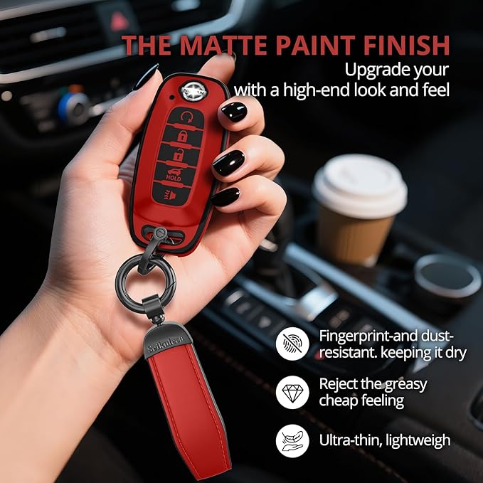 For Nissan Key Fob Cover Accessories- Matte TPU Key Fob Cover with Leather Keychain for 2023 2024 Rogue Pathfinder Versa 2025 Sentra Patrol Armada Smart and More (Matte Red, 5 Buttons)