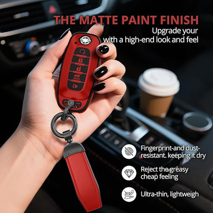 For Nissan Key Fob Cover Accessories- Matte TPU Key Fob Cover with Leather Keychain for 2023 2024 Rogue Pathfinder Versa 2025 Sentra Patrol Armada Smart and More (Matte Red, 5 Buttons)