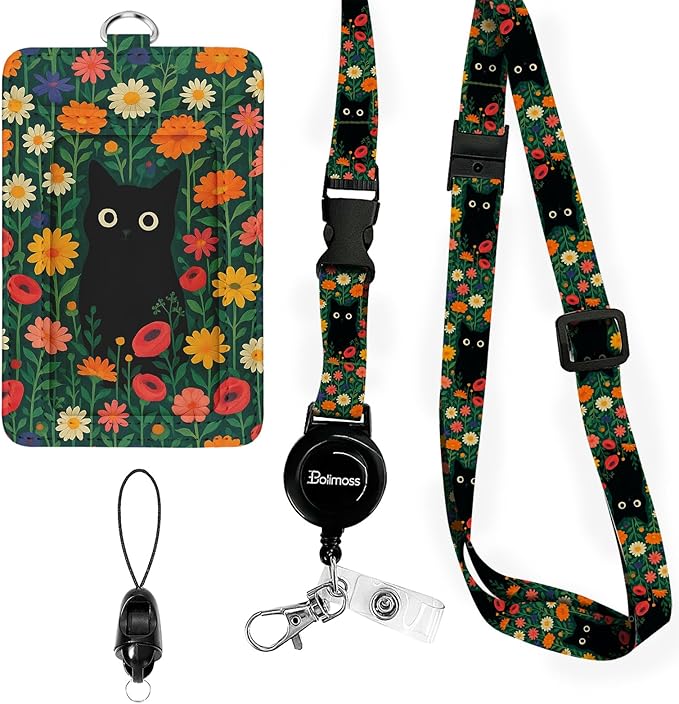 bolimoss Black Cat Daisy Leather ID Badge Card Holder, Adjustable Landyard with Retractable Reel, Cute Flower Badge Holders with Metal Swivel Clasp, Detachable Safety Quick Release Buckles for Key