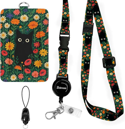 bolimoss Black Cat Daisy Leather ID Badge Card Holder, Adjustable Landyard with Retractable Reel, Cute Flower Badge Holders with Metal Swivel Clasp, Detachable Safety Quick Release Buckles for Key