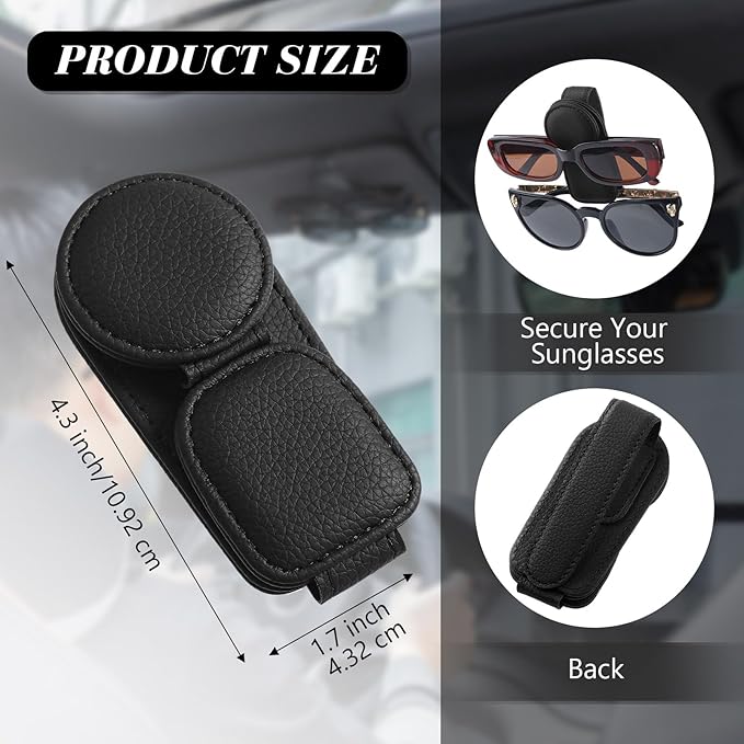 Konohan Sunglasses Holder for Car Visor Leather Eyeglass Hanger Magnetic Sunglasses Holder with 2 Clips (Black)