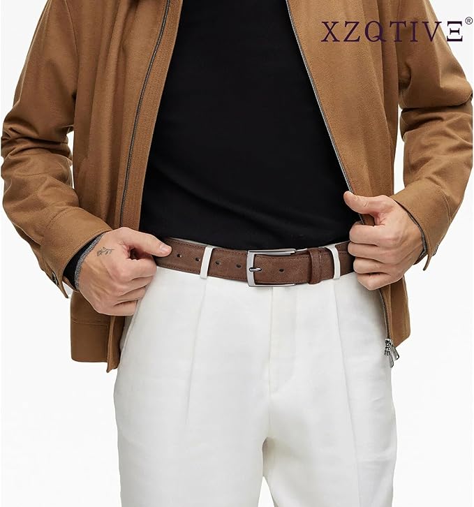 XZQTIVE Mens Suede Belt - 1 3/8" Genuine Leather Dress Belt for Jeans Dress Handmade Classic Every Day Belt