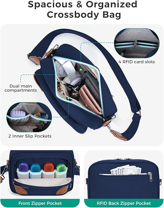 ECOHUB Crossbody Bag for Women Men, Multi Pocket Anti-Theft Travel Purse with RFID Blocking, Oxford PU Shoulder Bag