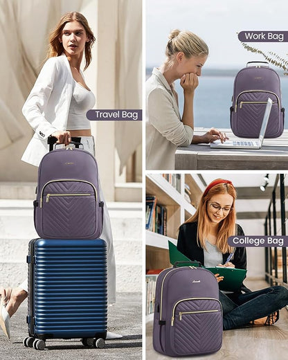 LOVEVOOK Laptop Backpack Purse for Women, Large Capacity Travel Business Computer Work Bag, Quilted Casual Nurse Backpack for Womens, Fit 15.6 Inch Laptop with USB Port, Purple Grey