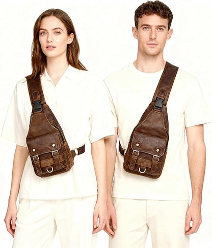 Thick Crazy horse Leather Triangle Crossbody Sling Chest Bag Travel One Shoulder Bag Daypack For Men Male 3028