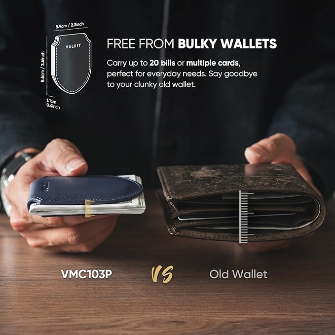 VULKIT Luxury Money Clip Genuine Leather Magnetic Closure Streamline Design Money Clip Wallet, Holds Up to 20 Bills