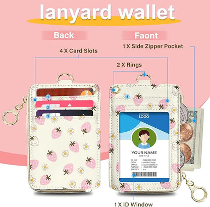 Cute Lanyard Wallet with ID Badge Holder,Strawberry RFID Wallet Women Keychain Wristlet,Slim Credit Card Holder with Zipper Pocket Phone Lanyard Wrist Strap Office Teacher Gift