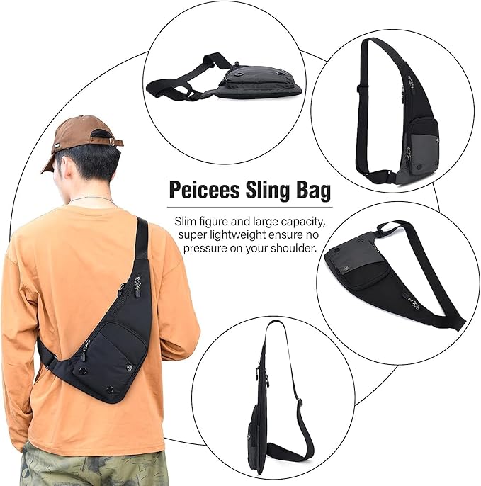 Peicees Water-resist Sling Bag Crossbody Bag for Men Slim Chest Backpack Man Purse Small Shoulder Bag for Travel Hiking