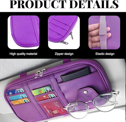 Car Sun Visor Organizer, Multi-Pocket Visor Storage Pouch Sunglasses Holder with Net Zippers, PU Leather Sunvisor Storage Bag with Elastic Band for Driving License Card Pen (Purple)