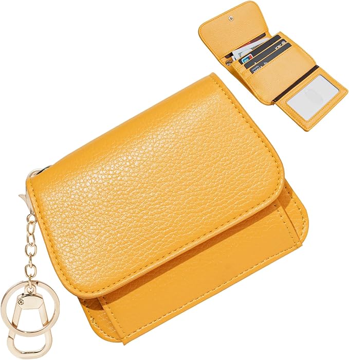 Women Small Wallet RFID Blocking Slim Wallet with Coin Pocket Tri-Fold Credit Card Holder with ID Window and Keychain(Light Yellow)