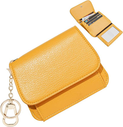 Women Small Wallet RFID Blocking Slim Wallet with Coin Pocket Tri-Fold Credit Card Holder with ID Window and Keychain(Light Yellow)