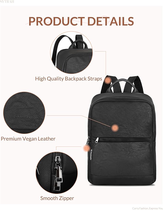SYTRAH Leather Backpack for Women, Vintage 15.6 inch Laptop Backpack Purse for Women, College Casual Backpacks Ladies Computer Bags for Travel Business Work Pure Black