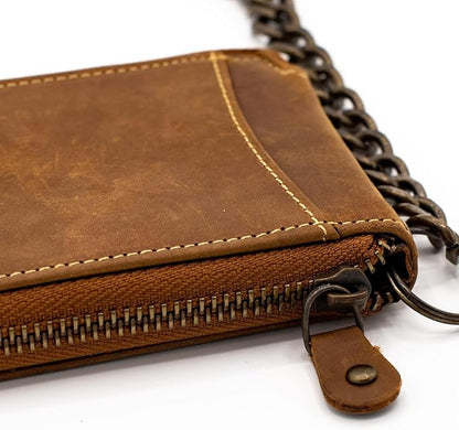 RFID Safe Leather Bi-fold Chain Wallet for Men Zip around Purse for Women Biker's Trucker YKK Metal Zipper Closure Filp up window ID (Vintage Brown with Chain)