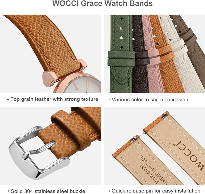 WOCCI 16mm Grace Leather Watch Band for Ladies, Top Grain Leather, Quick Release Replacement Strap with Silver Buckle (Apricot Tan)