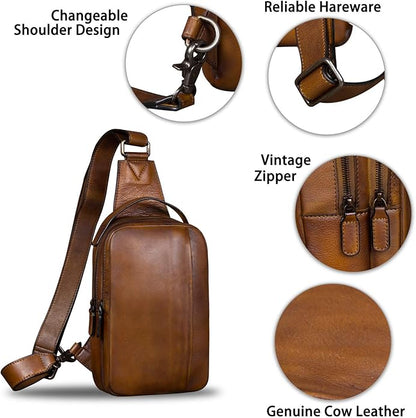 Genuine Leather Sling Bag for Men and Women Vintage Real Leather Sling Backpack Shoulder Crossbody Bags Chest Purse