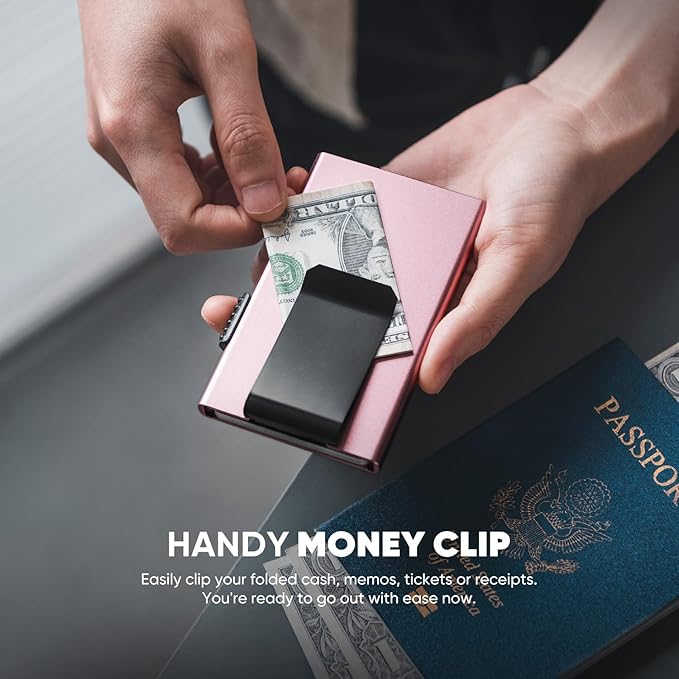 VULKIT Minimalist Wallet with Money Clip RFID Protection Pop Up Card Holder Slim Wallet Credit Card Holder Metal Wallet, Rose Gold