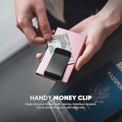VULKIT Minimalist Wallet with Money Clip RFID Protection Pop Up Card Holder Slim Wallet Credit Card Holder Metal Wallet, Rose Gold