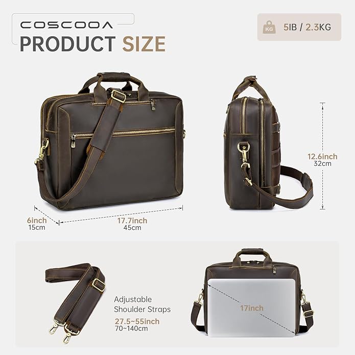 Large Full Grain Leather Briefcase Convertible Backpack For Men Business Travel Case Messenger Bag Fits 17.3" Laptop