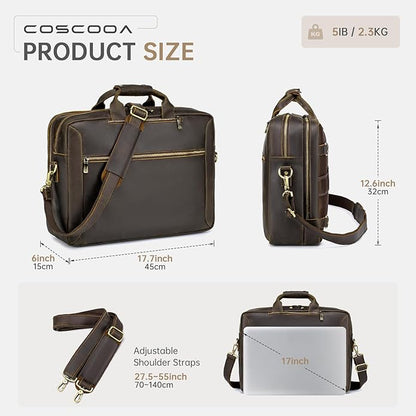 Large Full Grain Leather Briefcase Convertible Backpack For Men Business Travel Case Messenger Bag Fits 17.3" Laptop