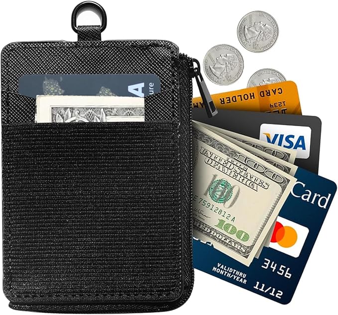 2-in-1 ID Badge Holder & Elastic Card Holder Wallet,Minimalist Men & Women Zip Card Holder Wallet with Neck Lanyard,3 Card Slots and 1 Side Zipper Pocket (Black-A)