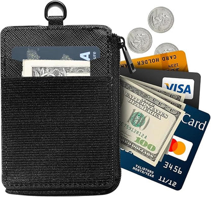 2-in-1 ID Badge Holder & Elastic Card Holder Wallet,Minimalist Men & Women Zip Card Holder Wallet with Neck Lanyard,3 Card Slots and 1 Side Zipper Pocket (Black-A)