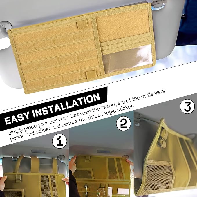 Car Sun Visor Organizer, Tactical Molle Car Visor Organizer Storage Pouch, Multi-Pocket Visor Panel Storage Bag Holder for Documents Cards, Auto Truck Interior Accessories (Khaki)