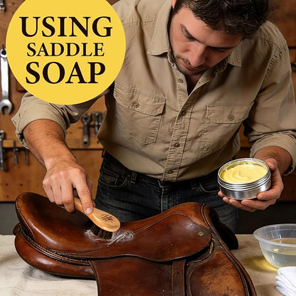 Saddle Soap for Leather 3.52oz,3-in-1 Leather Cleaner & Conditioner to Soften,Protect Leathercraft with Horsehair Brush & Cloth,Leather Soap for Car Interior,Couch,Shoe,Purse,Boot,Bag & Saddle