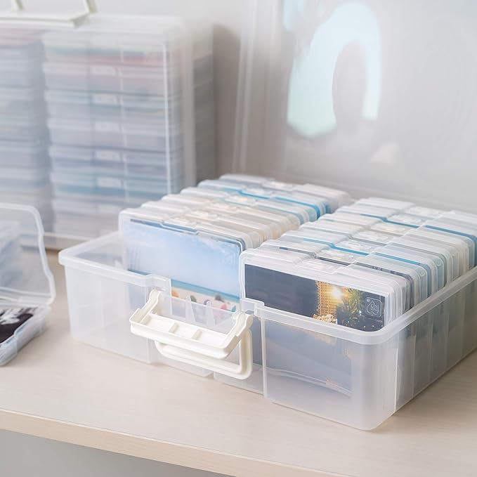 IRIS USA 4" x 6" |Made in USA| Photo Organizers and Picture Storage Box with Handle, 16 Inner Cases/Containers for Tasks, Stickers, Ephemera, & Flashcards - Clear