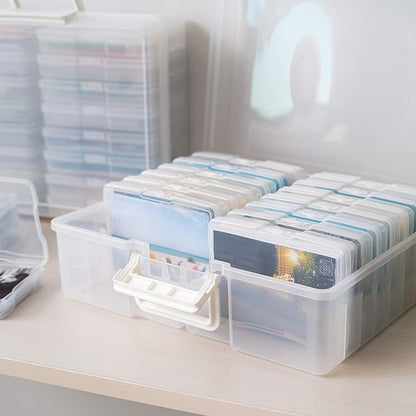 IRIS USA 4" x 6" |Made in USA| Photo Organizers and Picture Storage Box with Handle, 16 Inner Cases/Containers for Tasks, Stickers, Ephemera, & Flashcards - Clear