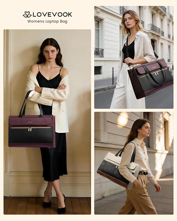 LOVEVOOK Laptop Tote for Women - 15.6 Inch Professional PU Leather Computer Briefcase, Waterproof Handbag, Large Capacity Business Teacher Office Bag with Large Tumbler Pocket, Crossbody Purse