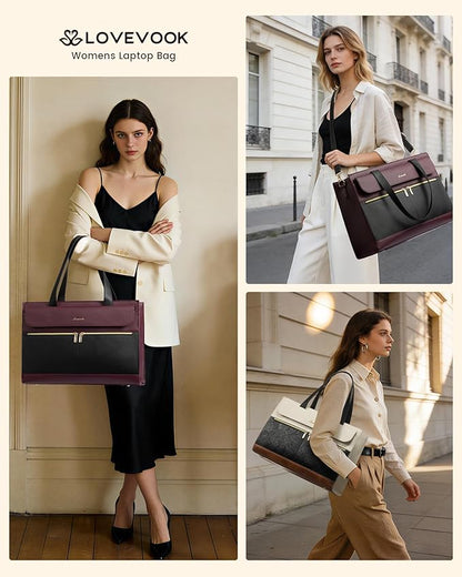 LOVEVOOK Laptop Tote for Women - 15.6 Inch Professional PU Leather Computer Briefcase, Waterproof Handbag, Large Capacity Business Teacher Office Bag with Large Tumbler Pocket, Crossbody Purse