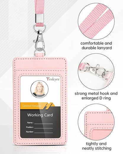 Teskyer Badge Holder with Lanyard, Leather ID Name Badge Card Holder with Lanyard for ID Badges, Vertical, Starry Pink