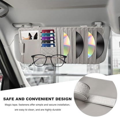 Sun Visor CD Case Holder for Car, Leather Auto Visor DVD Storage Case with Card Slots & Pen Holder, Multi-Pocket Large Capacity CD Layered Organizer for Most Vehicles (Gray)