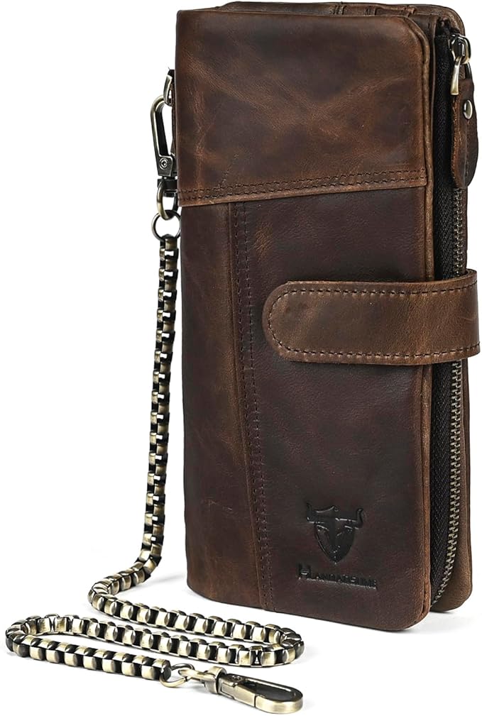 Genuine Crazy Horse Leather Travel Gift Coin Pocket Card Case Long Organizer Chain Rfid Wallet Purse With Snap For Men Male 1803 1815 (1803 Light Brown)