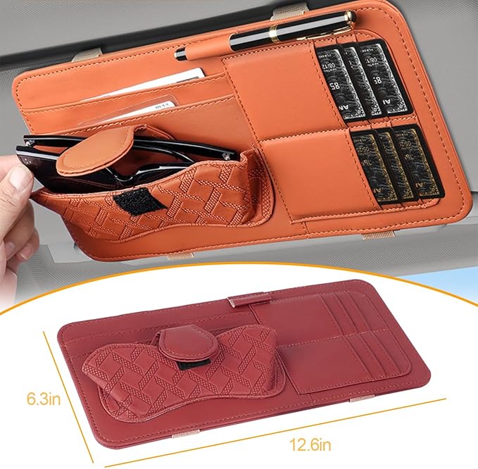 Car Sun Visor Organizer, Leather Multi Pocket Vehicle Visor Storage Pouch for Sunglasses Card License, Multifunctional Auto Interior Organization Accessories, Universal Fit (Wine Red)