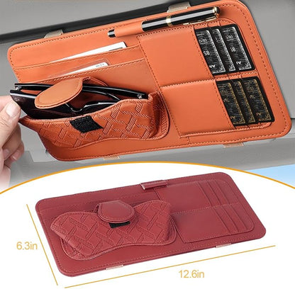 Car Sun Visor Organizer, Leather Multi Pocket Vehicle Visor Storage Pouch for Sunglasses Card License, Multifunctional Auto Interior Organization Accessories, Universal Fit (Wine Red)