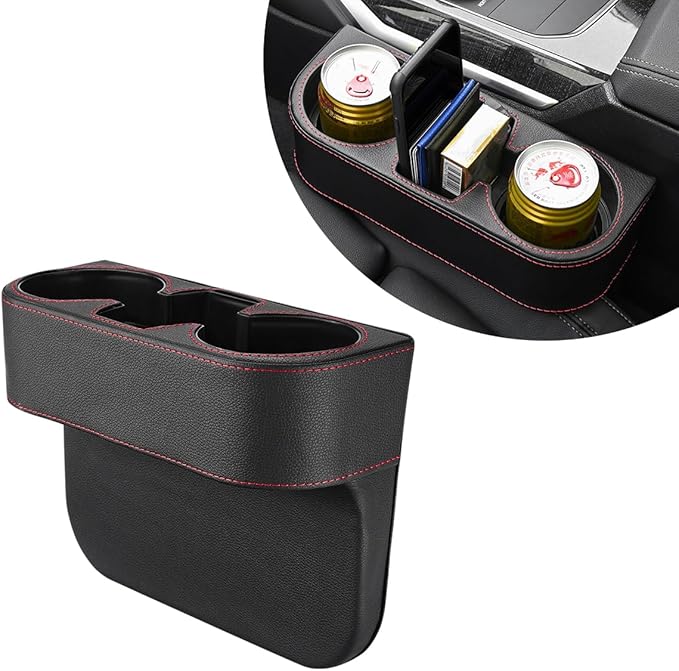 DXNQ Car Cup Holder Gap Filler Organizer, Multifunctional Auto Front Console Gap Filler with Cup Holder, Leather Extra Cup Holder Storage Box for Car Truck SUV, Car Accessories (Black)